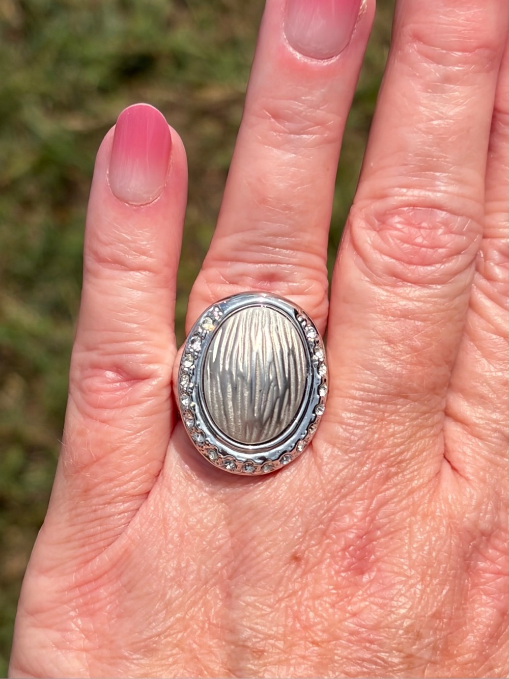 Camille Lucie Silver Textured Oval Ring with Crystal Halo